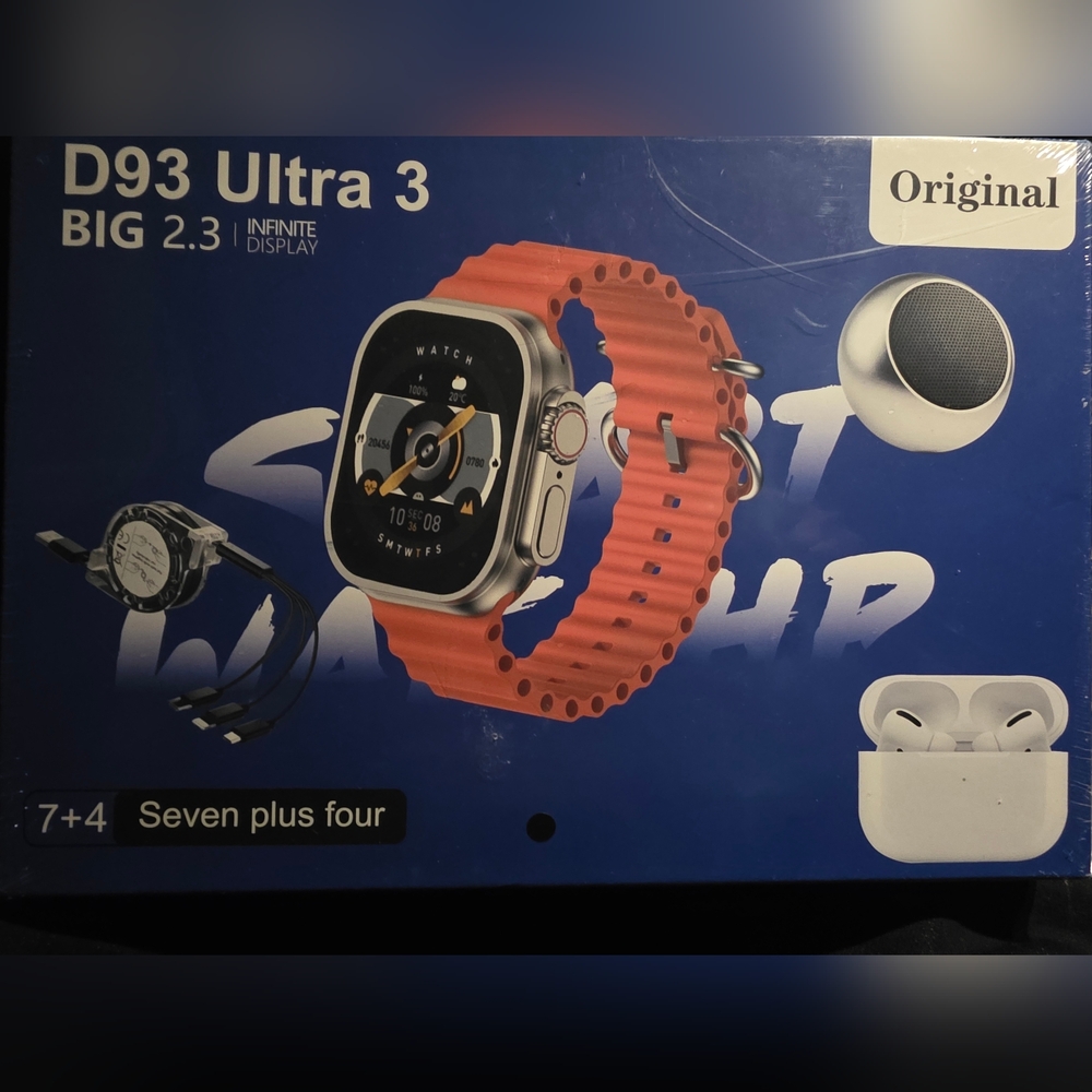 Brand New D93 Ultra 3 Smart Watch with Orange Band,7 Bands, Earpods & Charger